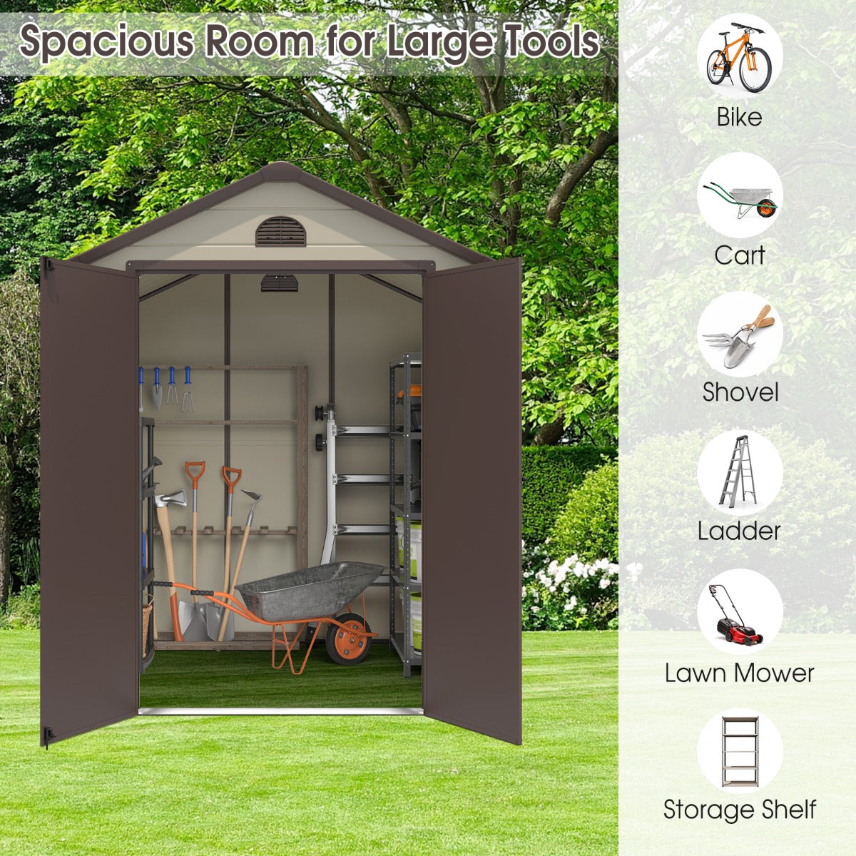 LIVSK Gereedschapsschuur - Ruim Interieur 192,5 x 191 x 227 cm - Weerbestendig - Ventilatie - Voor Fietsen en Tuingereedschap -