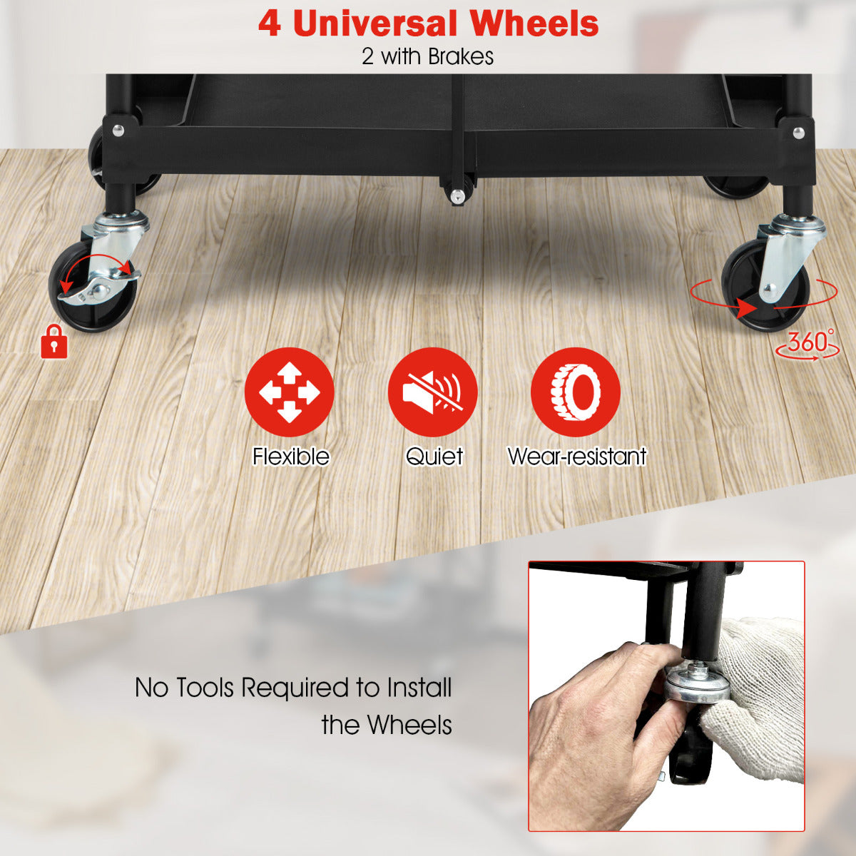 LIVSK Multifunctionele Gereedschapswagen - 3 Planken - Inklapbaar - Duurzaam Metaal - 4 Wielen met Rem - Zwart