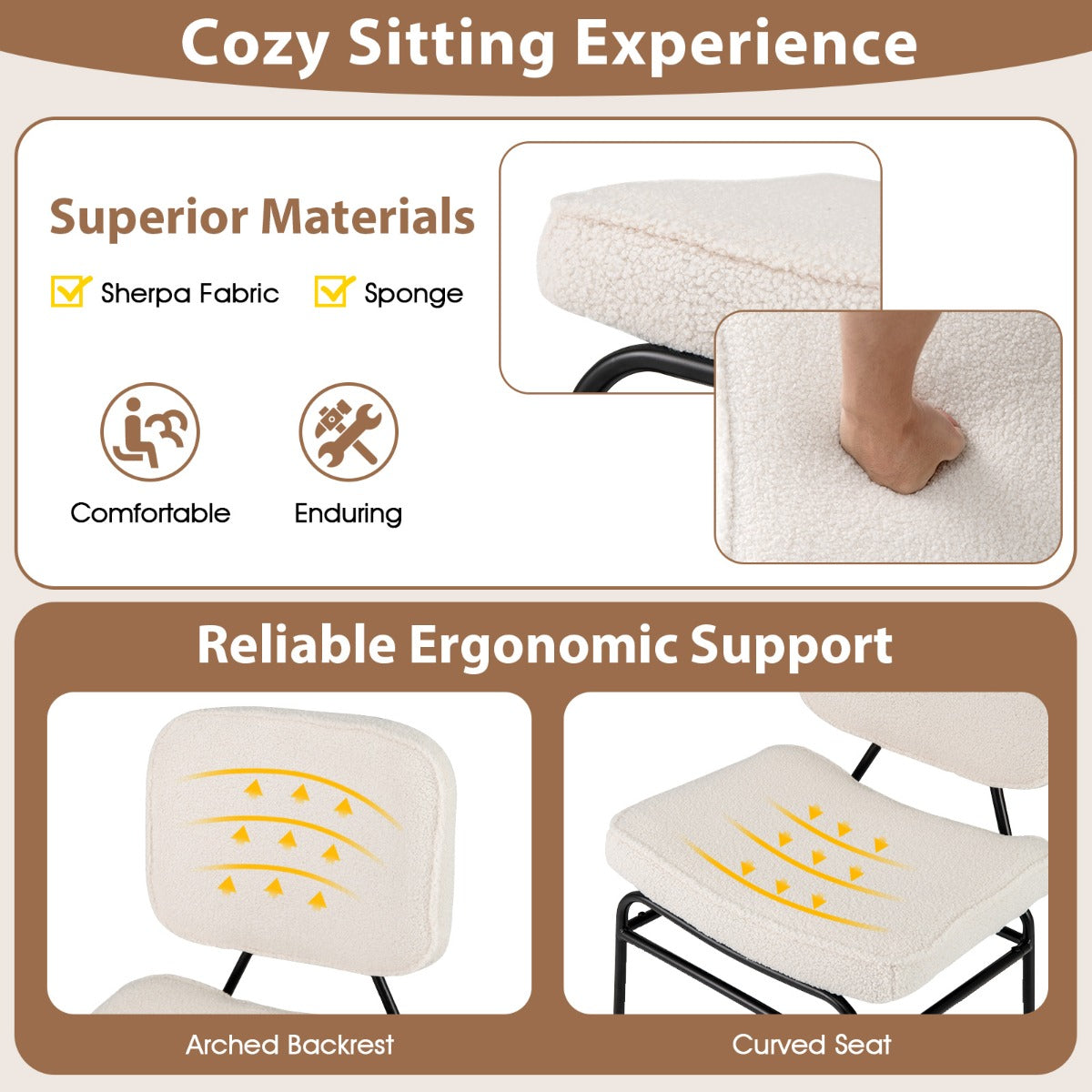 LIVSK Accentstoel Sherpa - Ergonomisch Ontwerp - Verstelbare Glijders - Robuust Metalen Frame - Tot 150 kg - Beige