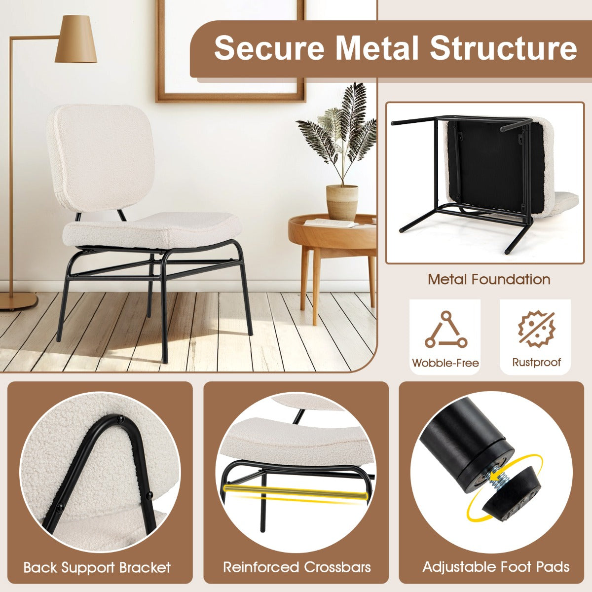 LIVSK Accentstoel Sherpa - Ergonomisch Ontwerp - Verstelbare Glijders - Robuust Metalen Frame - Tot 150 kg - Beige