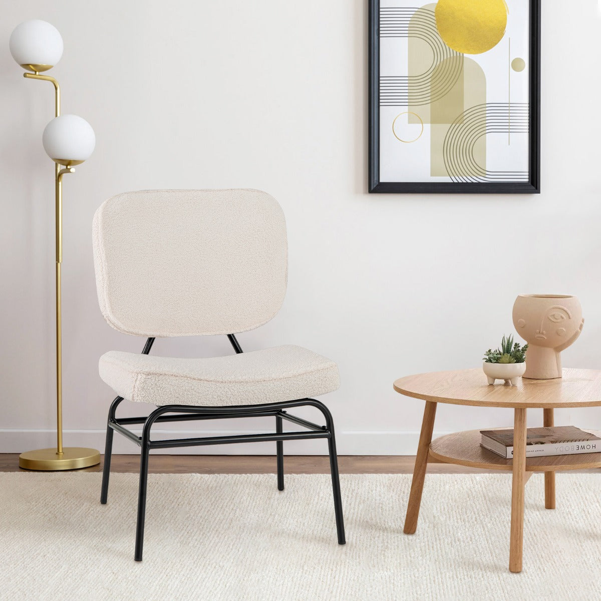 LIVSK Accentstoel Sherpa - Ergonomisch Ontwerp - Verstelbare Glijders - Robuust Metalen Frame - Tot 150 kg - Beige