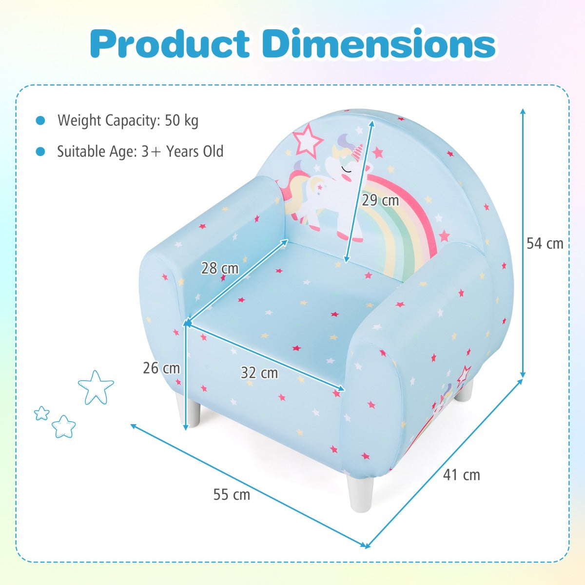 LIVSK Kinderbank met Eenhoornprint - Ergonomisch Schuim - Stevig Multiplex - Voor Kinderen 3+ - Draagvermogen 50 kg - Blauw/Paars