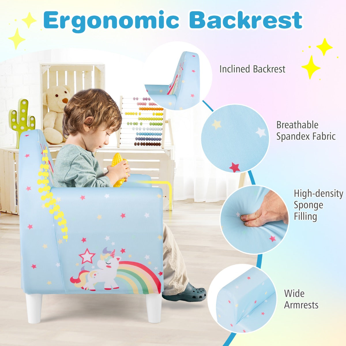 LIVSK Kinderbank met Eenhoornprint - Ergonomisch Schuim - Stevig Multiplex - Voor Kinderen 3+ - Draagvermogen 50 kg - Blauw/Paars