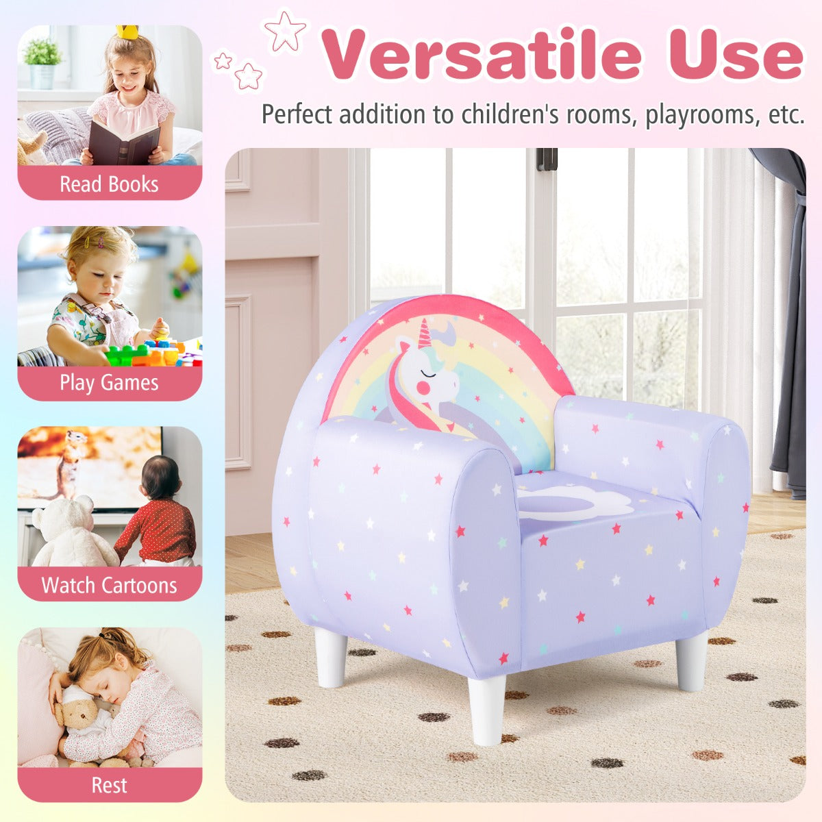 LIVSK Kinderbank met Eenhoornprint - Ademend Spandex - Hoogwaardig Schuim - Stevig Multiplex - Tot 50 kg - Paars