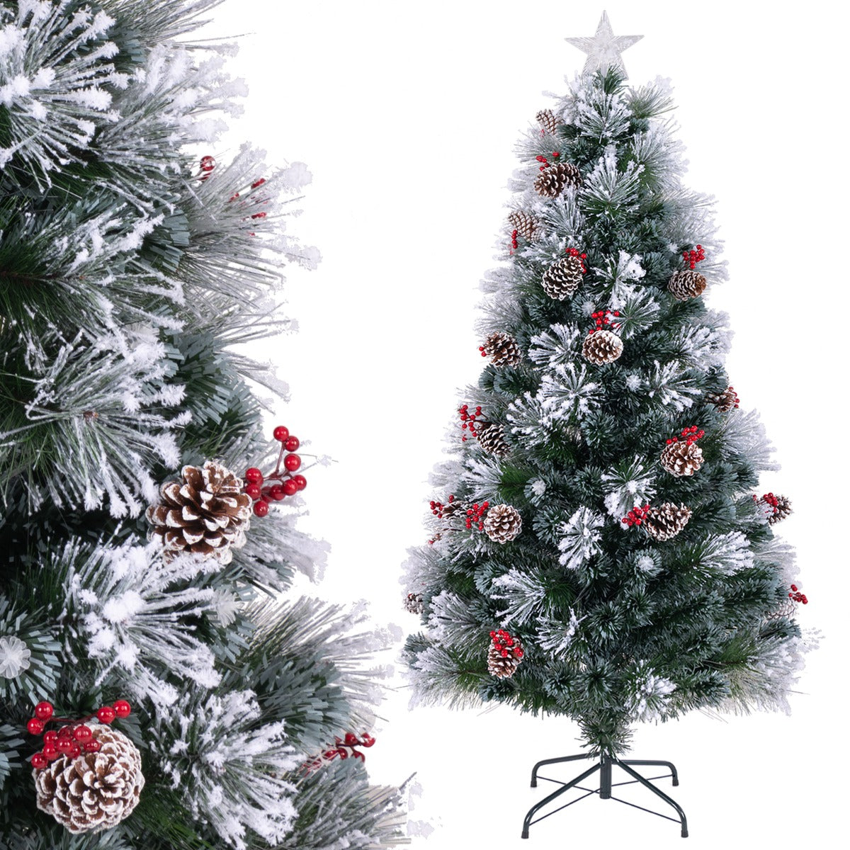 LIVSK Kunstkerstboom - Dennennaalden - Rode Bessen - Dennenappels - LED Verlichting met 8 Standen - 180 cm - Groen en Wit