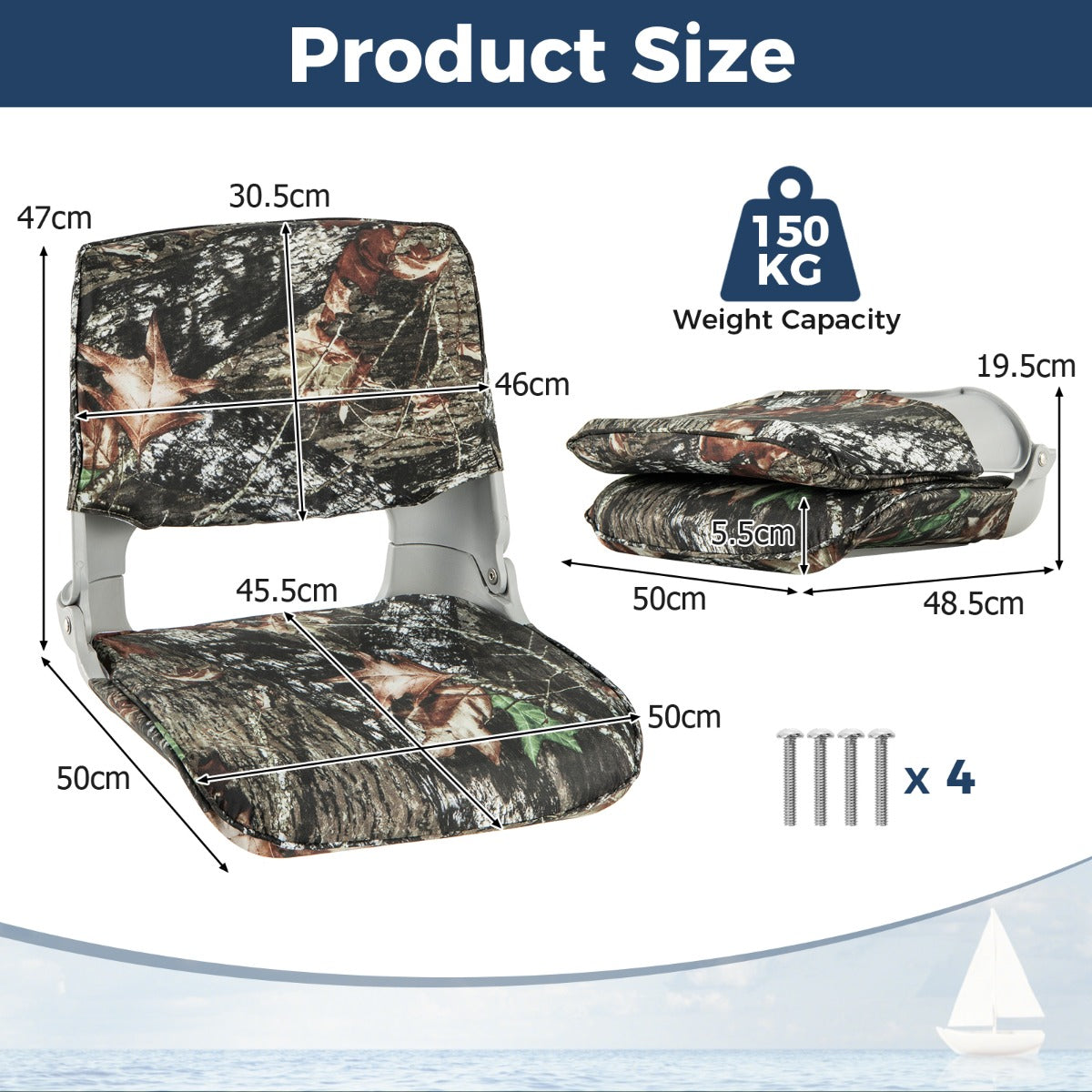 LIVSK Opvouwbare Bootstoel - Dikke Schuimvulling - Waterdichte Oxford Stof - Ergonomisch Ontwerp - Tot 150 kg - Camouflage