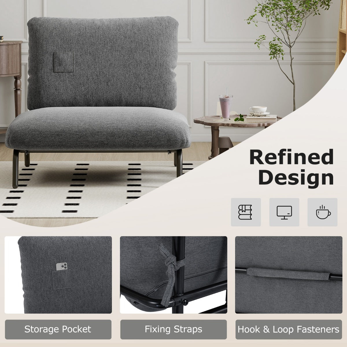 Livsk costway gewatteerde fauteuil 92 x 82 cm een vrijetijdsstoel met rugleuning en royale zitting grijs 5