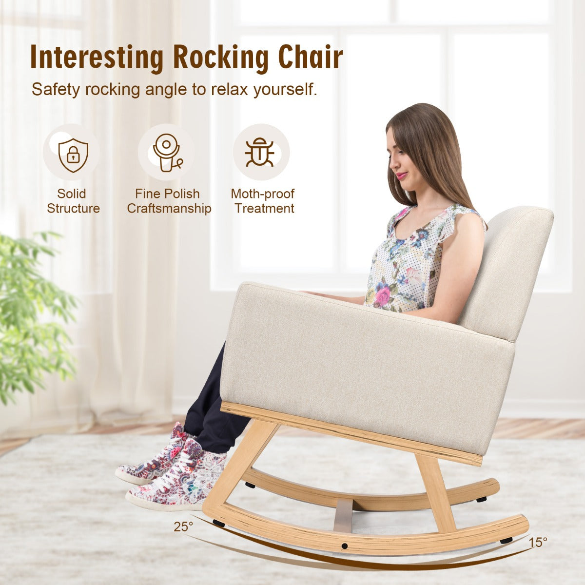 LIVSK Moderne Schommelstoel - Massief Houten Frame - Ergonomisch Ontwerp - Antislipvoetkussens - Tot 150 kg - Beige