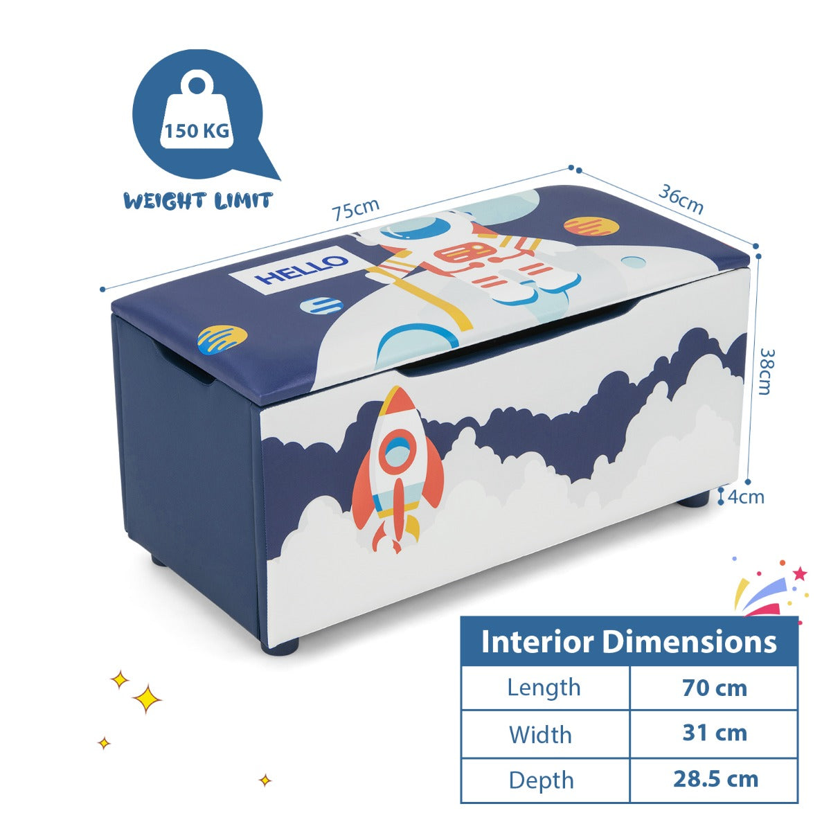 LIVSK Speelgoedbank voor Kinderen - Gewatteerd met Afneembaar Deksel - Ruim en Comfortabel - Draagvermogen 150 kg - Blauw