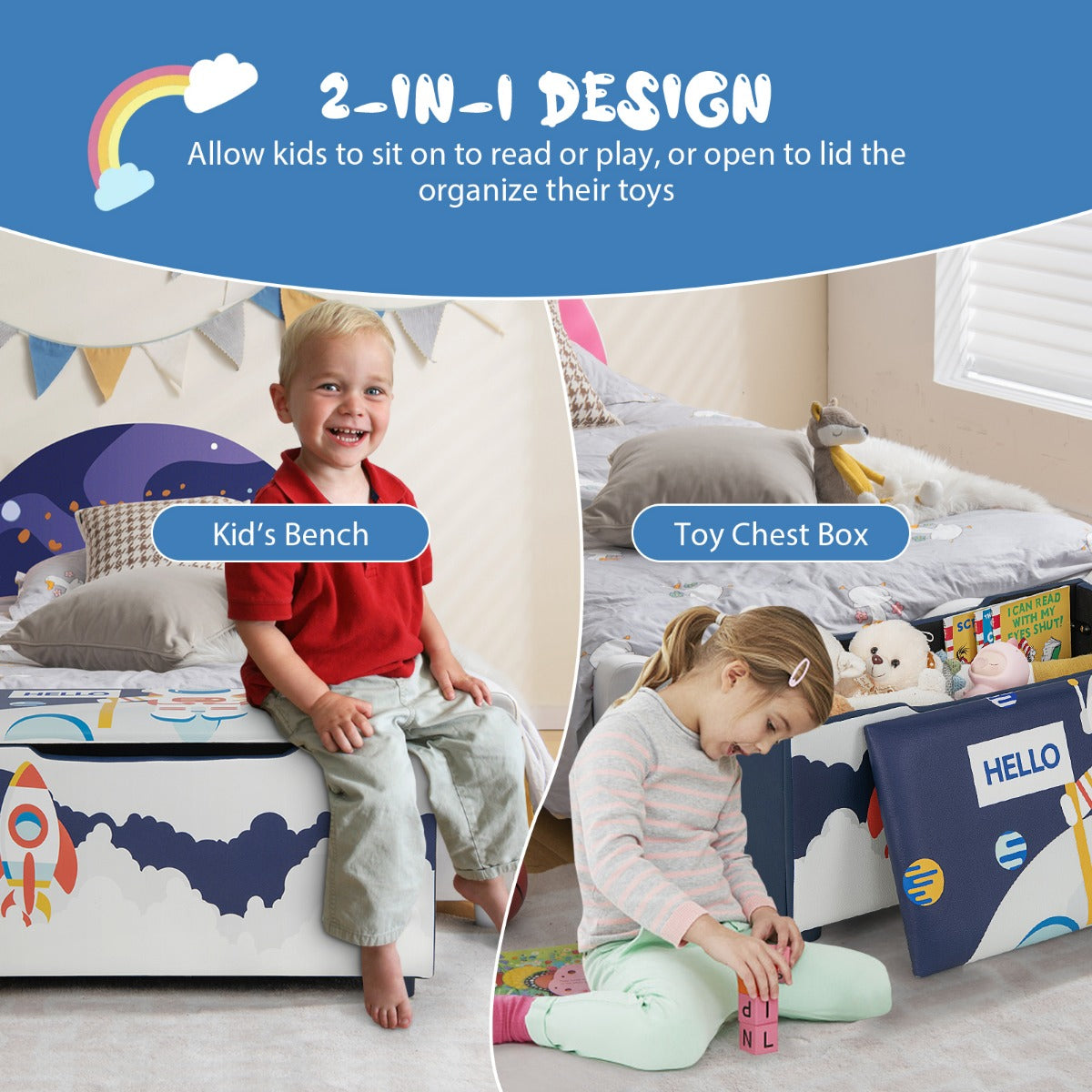 LIVSK Speelgoedbank voor Kinderen - Gewatteerd met Afneembaar Deksel - Ruim en Comfortabel - Draagvermogen 150 kg - Blauw