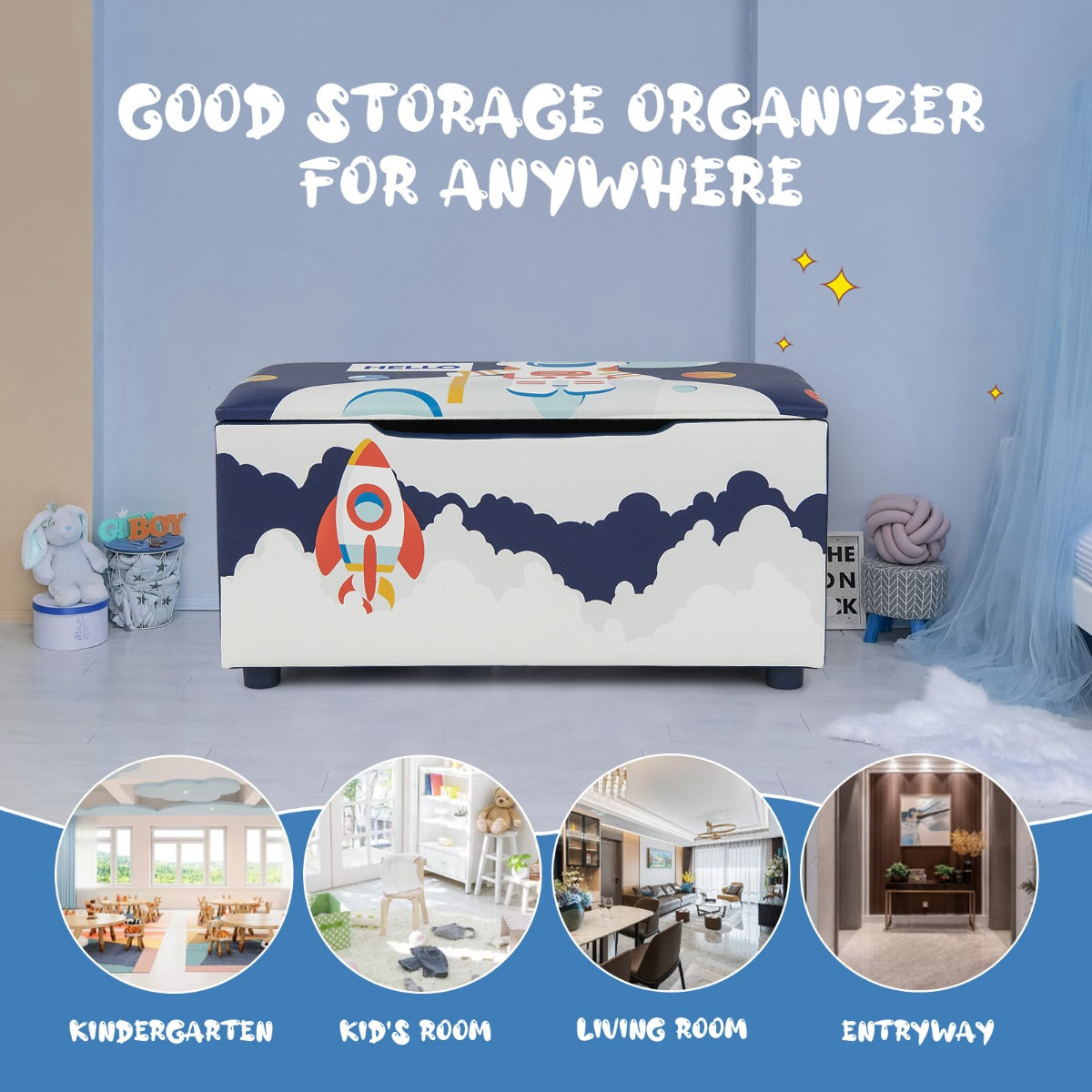 LIVSK Speelgoedbank voor Kinderen - Gewatteerd met Afneembaar Deksel - Ruim en Comfortabel - Draagvermogen 150 kg - Blauw