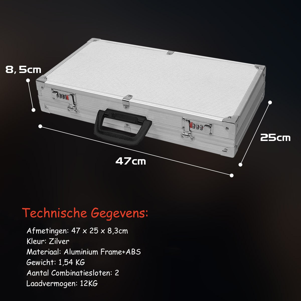 LIVSK Pistoolkoffer - Aluminium Frame - Schuimrubberen Inzetstuk - Afsluitbaar met 2 Sloten - 47 x 25 x 8,5 cm - Zilver