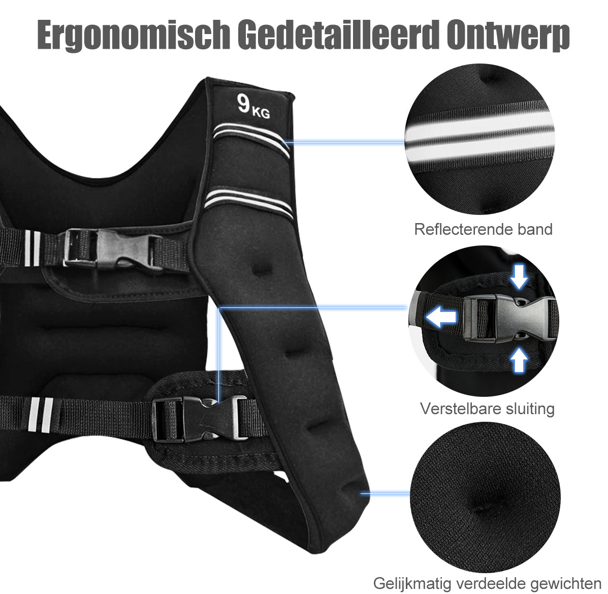 Livsk costway gewichtsvest trainingsvest fitnessvest met reflecterende strips en verstelbanden zwart 5