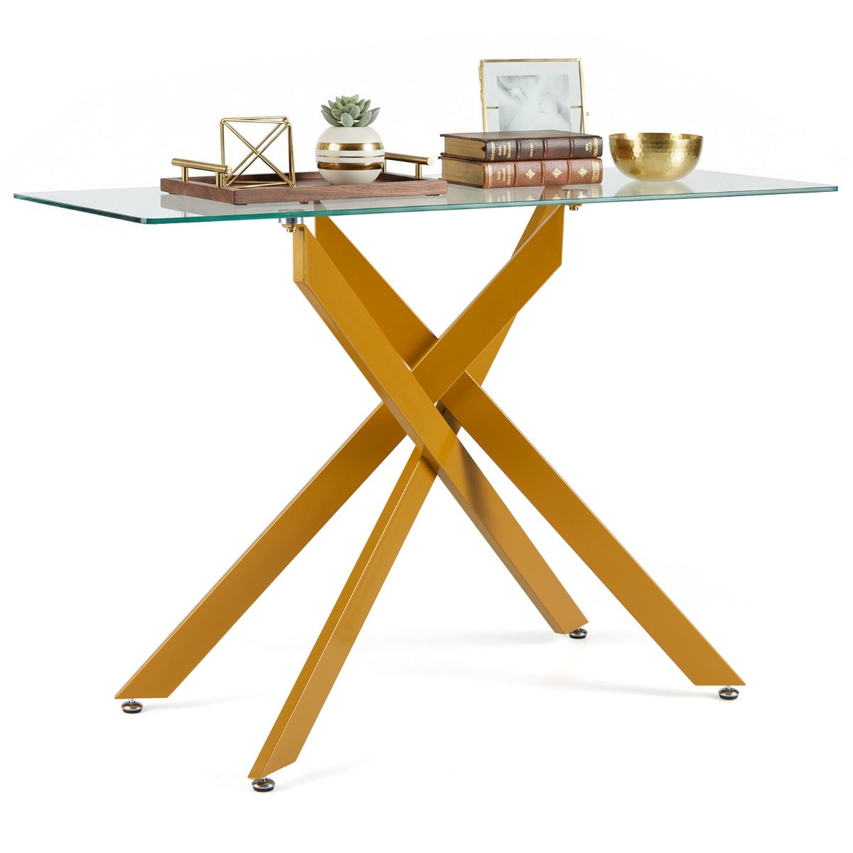 Livsk costway glazen consoletafel moderne haltafel met transparant blad van gehard glas en stevige metalen buispoten goud 1