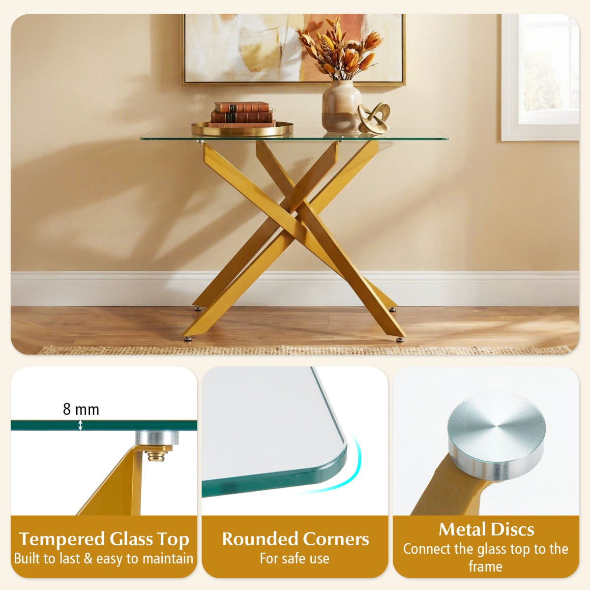 Livsk costway glazen consoletafel moderne haltafel met transparant blad van gehard glas en stevige metalen buispoten goud