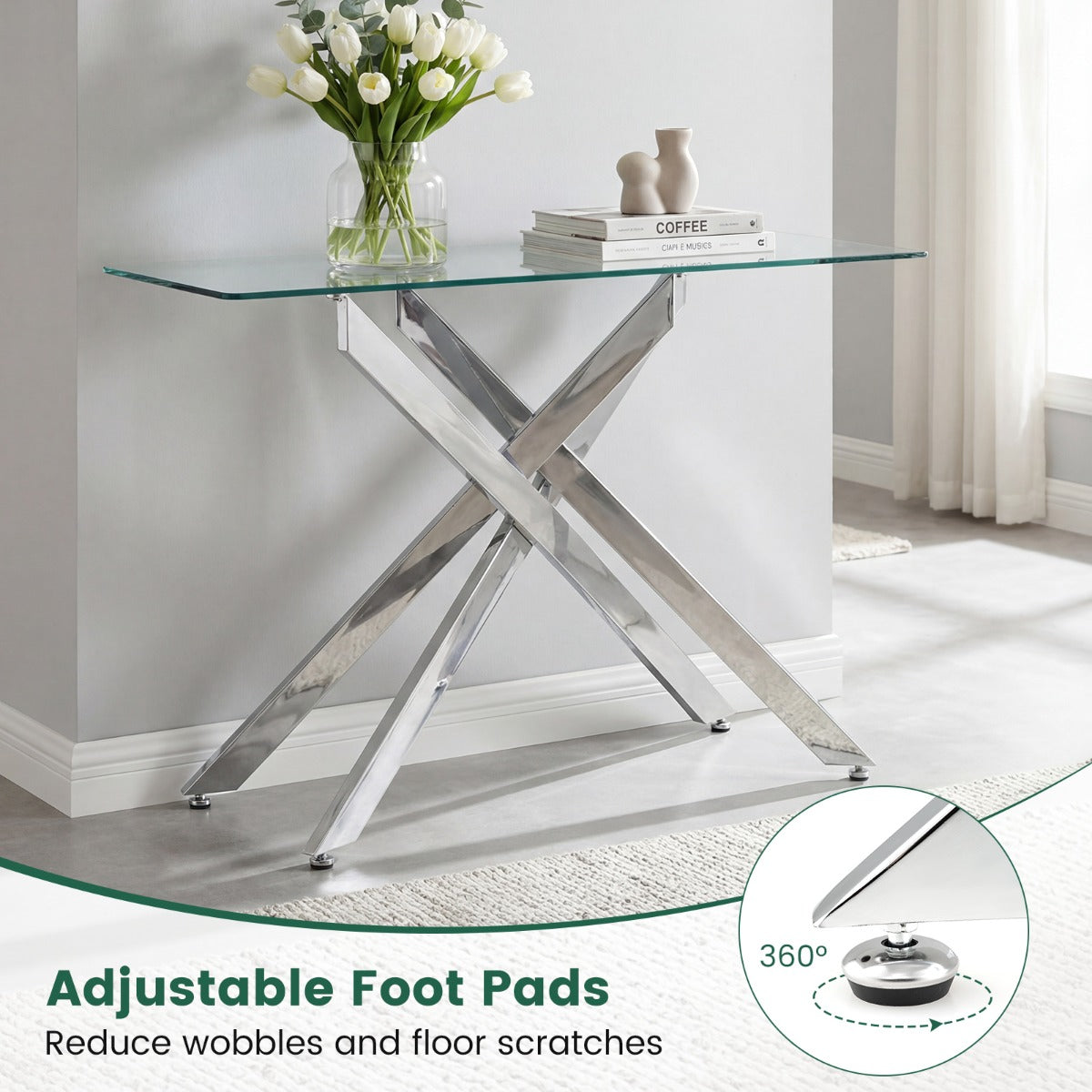 Livsk costway glazen consoletafel moderne haltafel met transparant blad van gehard glas en stevige metalen buispoten zilver
