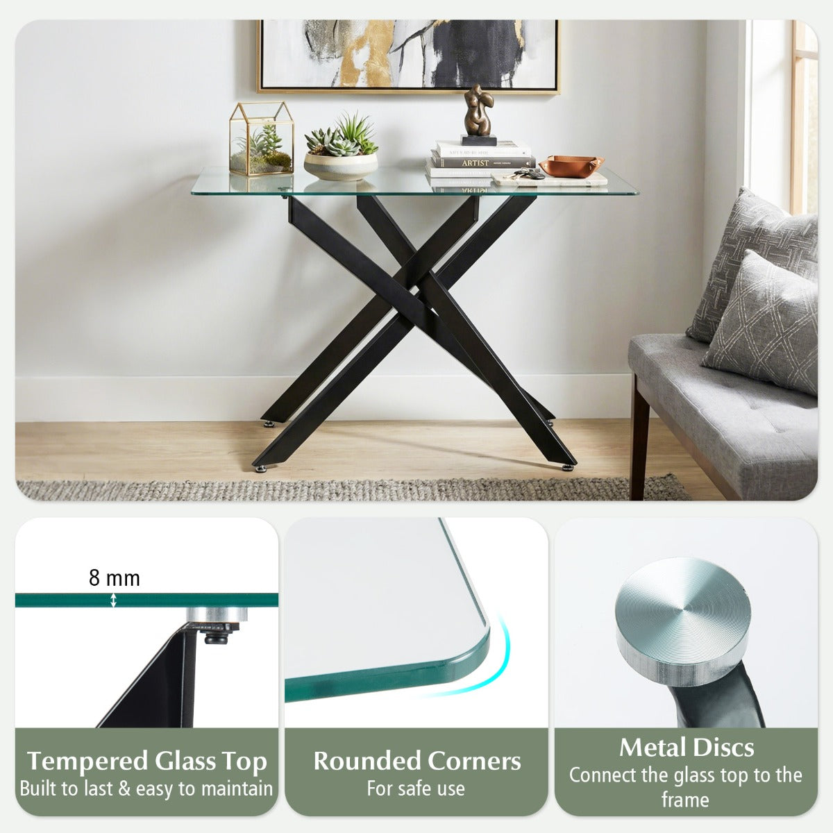 Livsk costway glazen consoletafel moderne haltafel met transparant blad van gehard glas en stevige metalen buispoten zwart