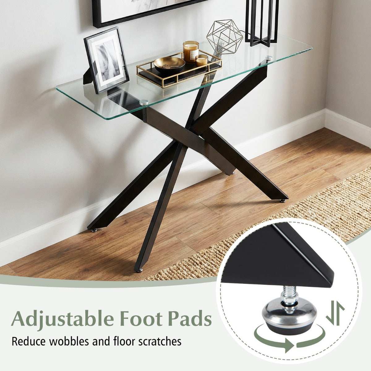 Livsk costway glazen consoletafel moderne haltafel met transparant blad van gehard glas en stevige metalen buispoten zwart