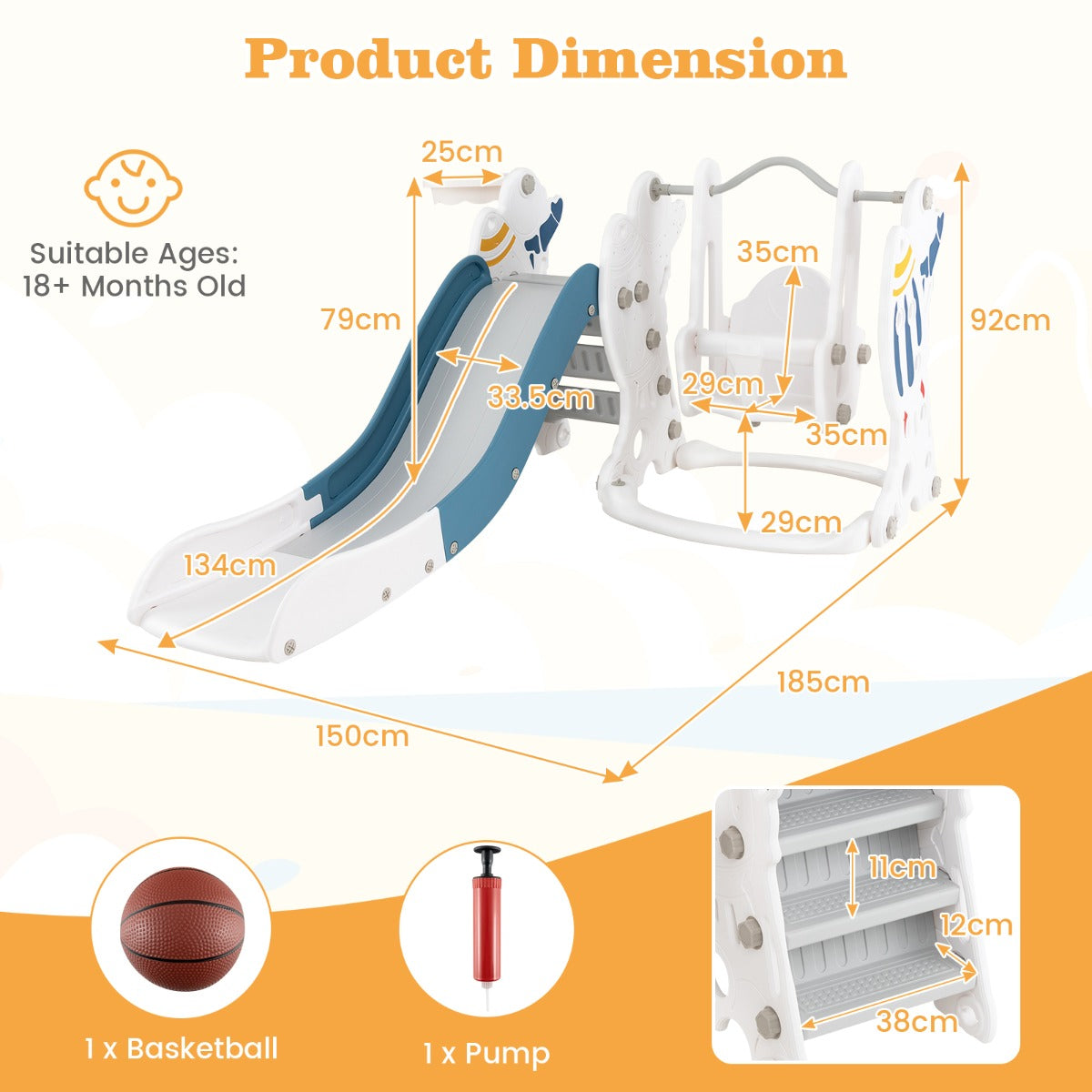 LIVSK Kinderglijbaan en Schommelset - Veilig Ontwerp met Antislip - Inclusief Basketbalring en Bal - Voor Kinderen vanaf 18