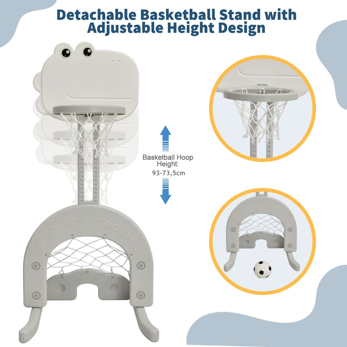 LIVSK 6-in-1 Speelset - Glijbaan - Verstelbare Basketbalhoepel - Schommel - Voetbaldoel - Golfhole - Duurzaam HDPE - Grijs + Wit
