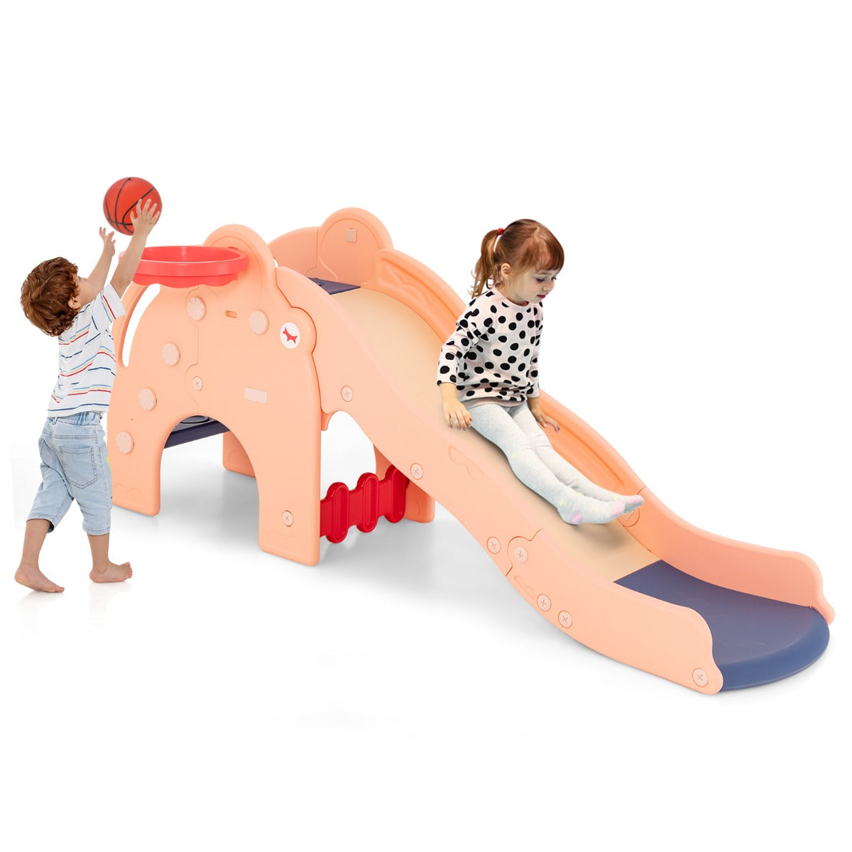 LIVSK 4-in-1 Kinderglijbaan Olifant - Basketbalkorf - Tunnel - Veiligheidsgarantie - Tot 50 kg - 187,5 x 47 x 77,5 cm - Oranje