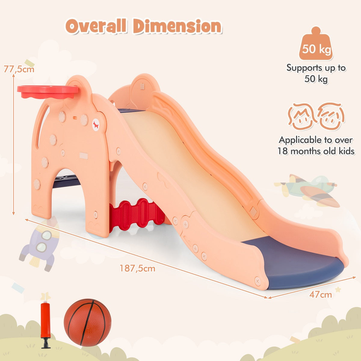 LIVSK 4-in-1 Kinderglijbaan Olifant - Basketbalkorf - Tunnel - Veiligheidsgarantie - Tot 50 kg - 187,5 x 47 x 77,5 cm - Oranje