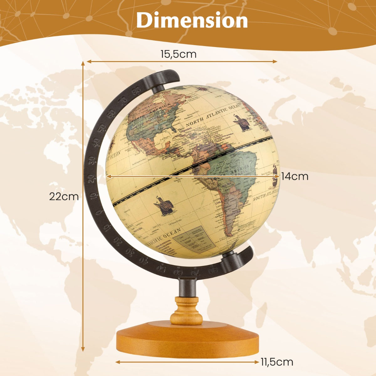 LIVSK mini antieke wereldbol - Ø14 cm - 360° draaibaar - Robuust met houten standaard - Educatief en decoratief - Brons