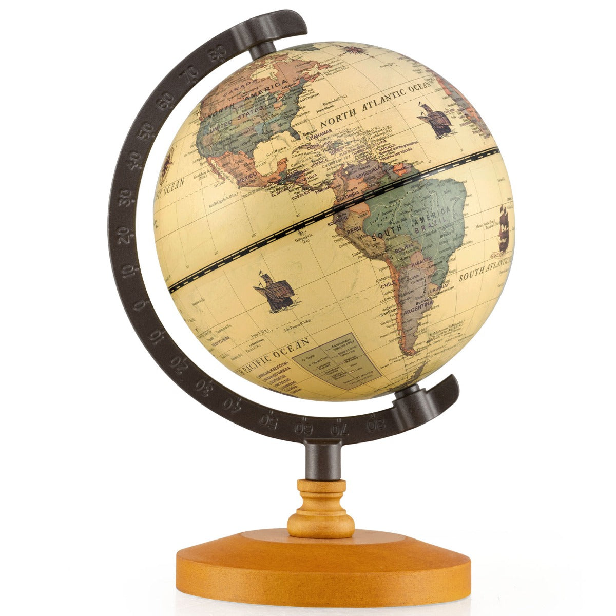 LIVSK mini antieke wereldbol - Ø14 cm - 360° draaibaar - Robuust met houten standaard - Educatief en decoratief - Brons