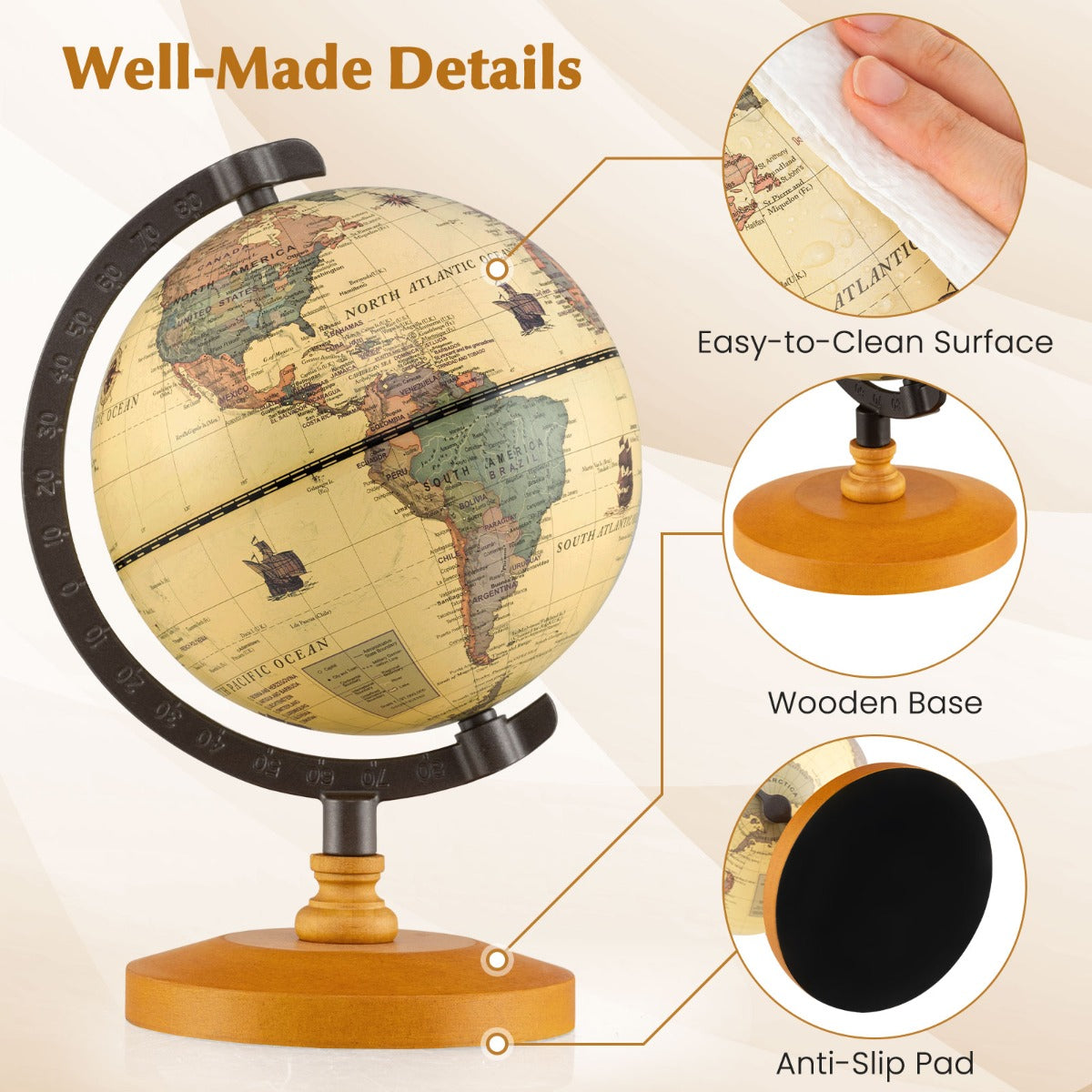 LIVSK mini antieke wereldbol - Ø14 cm - 360° draaibaar - Robuust met houten standaard - Educatief en decoratief - Brons