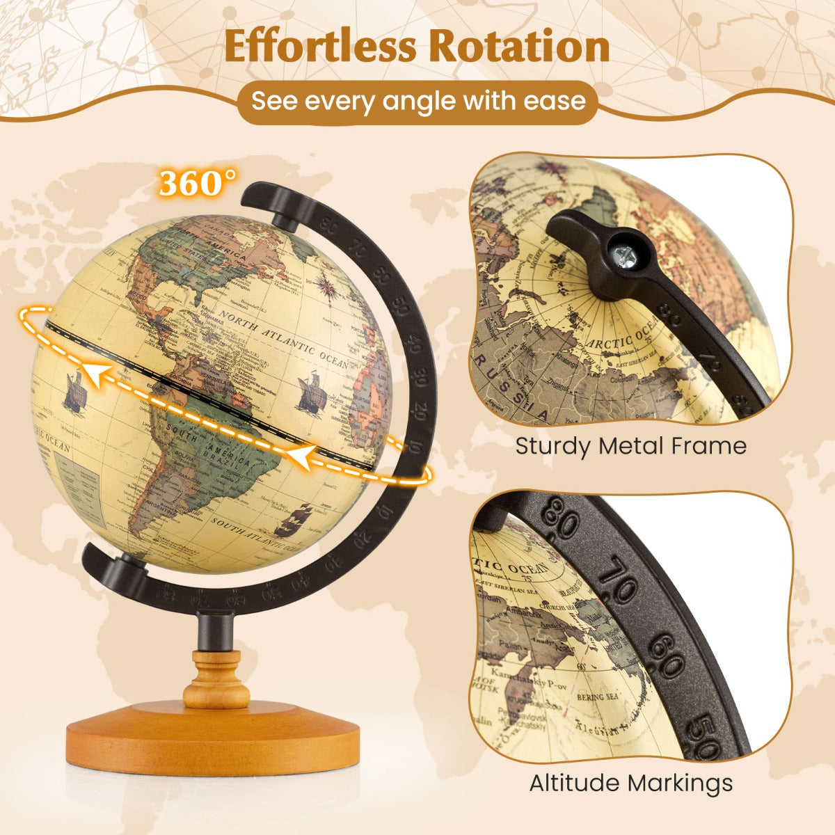 LIVSK mini antieke wereldbol - Ø14 cm - 360° draaibaar - Robuust met houten standaard - Educatief en decoratief - Brons