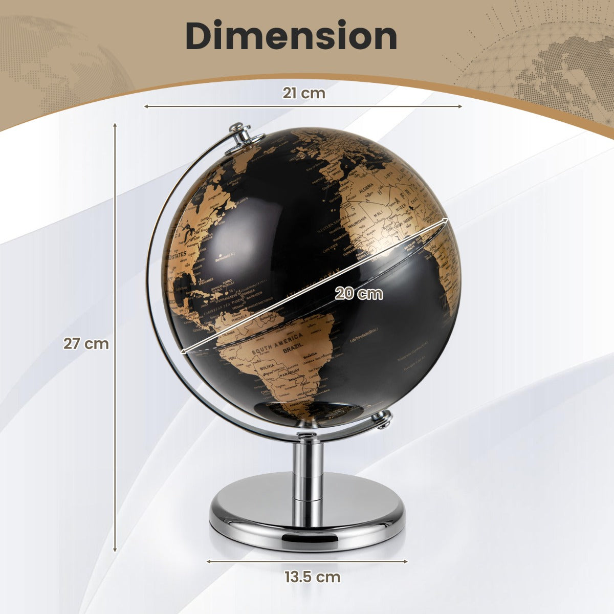 LIVSK Wereldbol 20 cm - Politieke en Fysieke Informatie - 360° Draaibaar - Robuuste Metalen Voet - Vintage Look - Goud