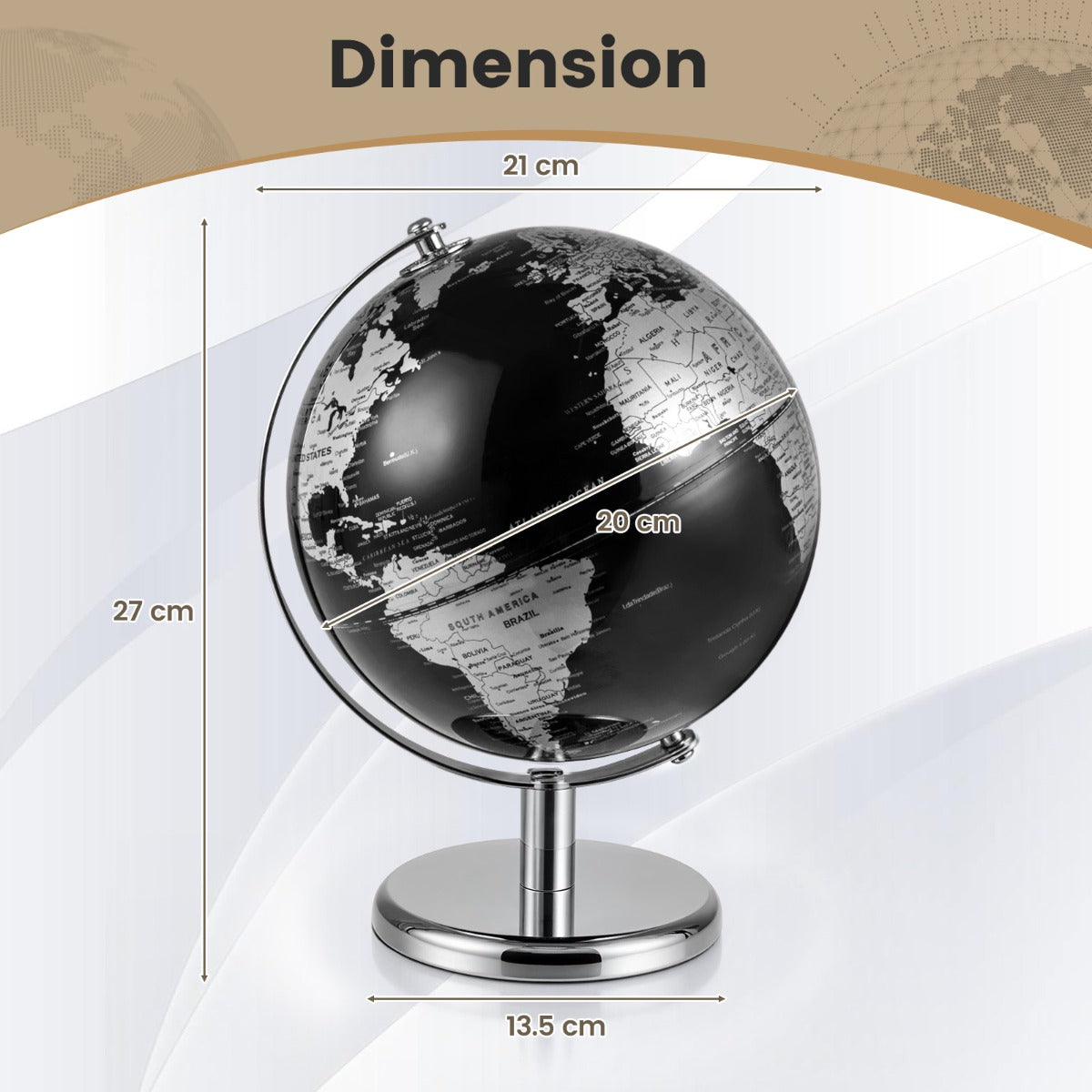 LIVSK Wereldbol met 360° Draaifunctie - Politieke en Fysieke Informatie - Robuuste Metalen Voet - Geen Montage Nodig - Goud +