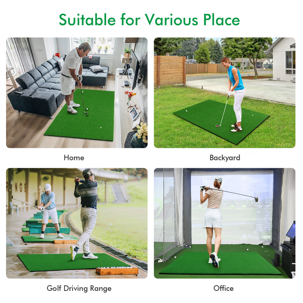 LIVSK Golfsimulatiemat met Echt Gevoel - 2 Tee Posities - Anti-slip TPR Basis - Voor Binnen & Buiten - 150 x 100 cm - Groen