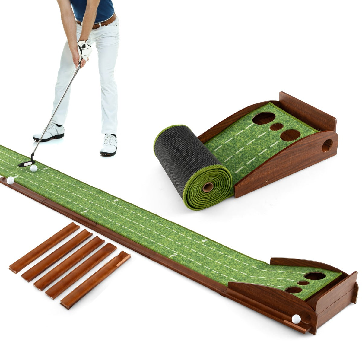 LIVSK Golf Putting Mat - Automatische Balterugloop - Kreukvrij TPR Nylon - Antislip - 302 x 37 x 15 cm - Bruin + Groen