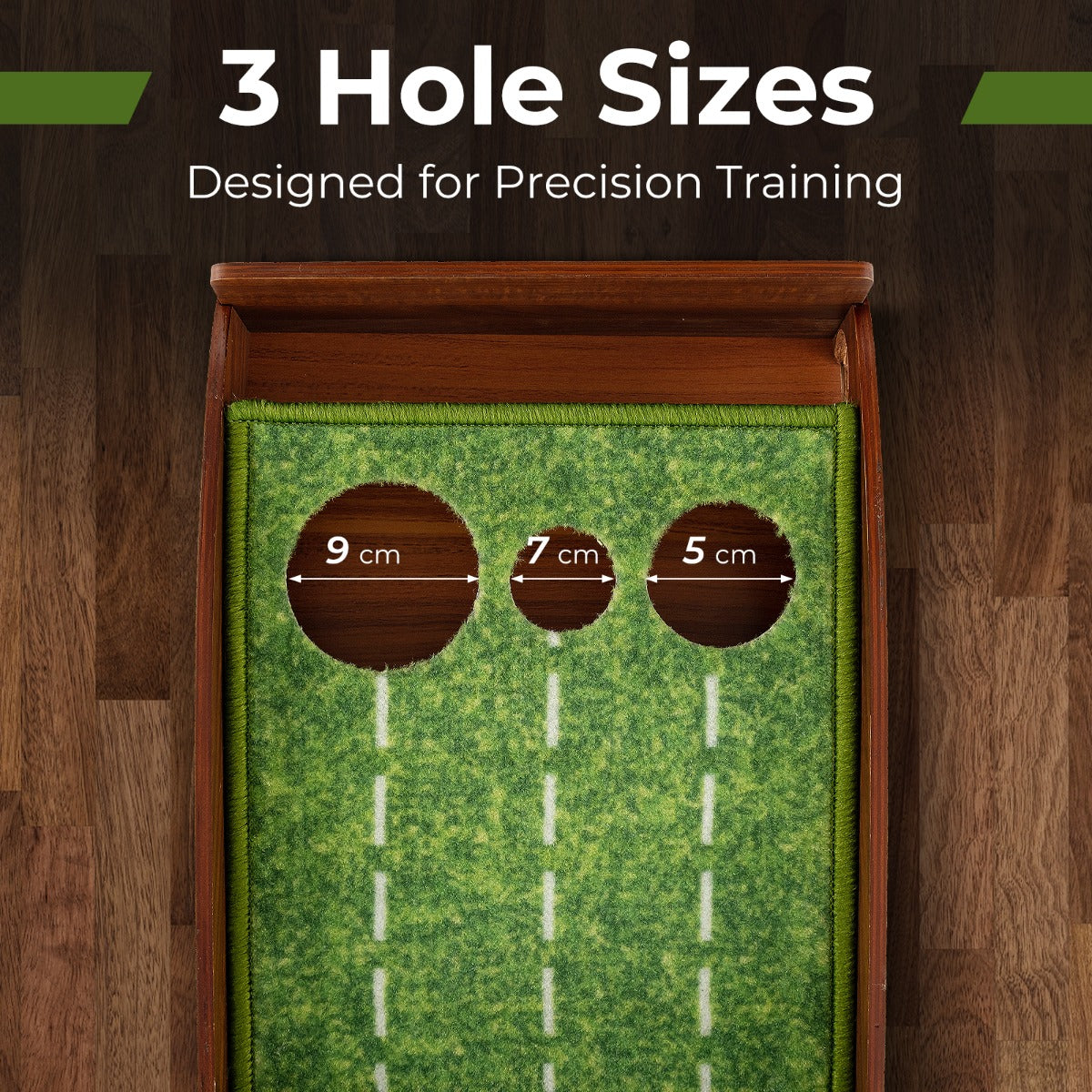 LIVSK Golf Putting Mat - Automatische Balterugloop - Kreukvrij TPR Nylon - Antislip - 302 x 37 x 15 cm - Bruin + Groen