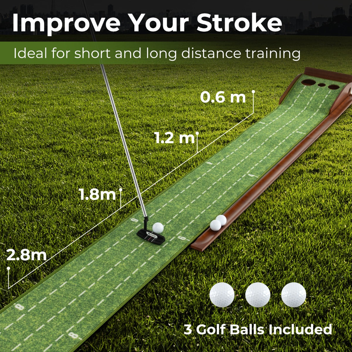 LIVSK Golf Putting Mat - Automatische Balterugloop - Kreukvrij TPR Nylon - Antislip - 302 x 37 x 15 cm - Bruin + Groen