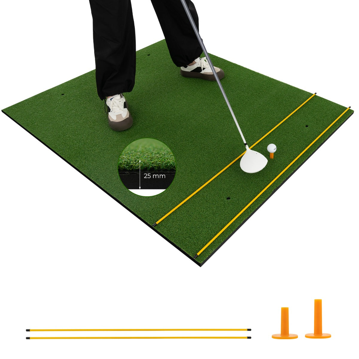 LIVSK Golfmat met 6 Tee Posities - Premium Rubberen Oefenmat - Inclusief Uitlijnstokken - Voor Links- en Rechtshandige - Groen