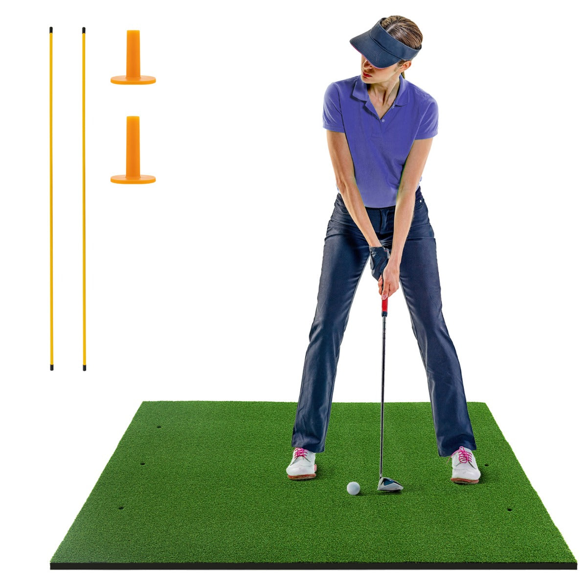 LIVSK Golfmat met 6 Tee Posities - Premium Rubberen Oefenmat - Inclusief Uitlijnstokken - Voor Links- en Rechtshandige - Groen