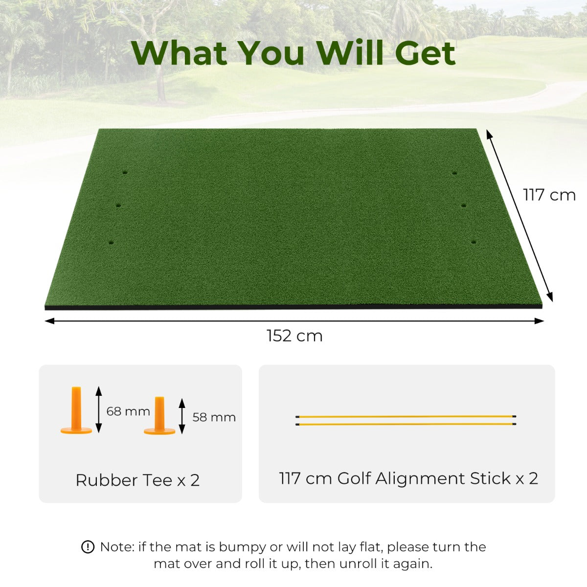 LIVSK Golfmat met 6 Tee Posities - Premium Rubberen Oefenmat - Inclusief Uitlijnstokken - Voor Links- en Rechtshandige - Groen