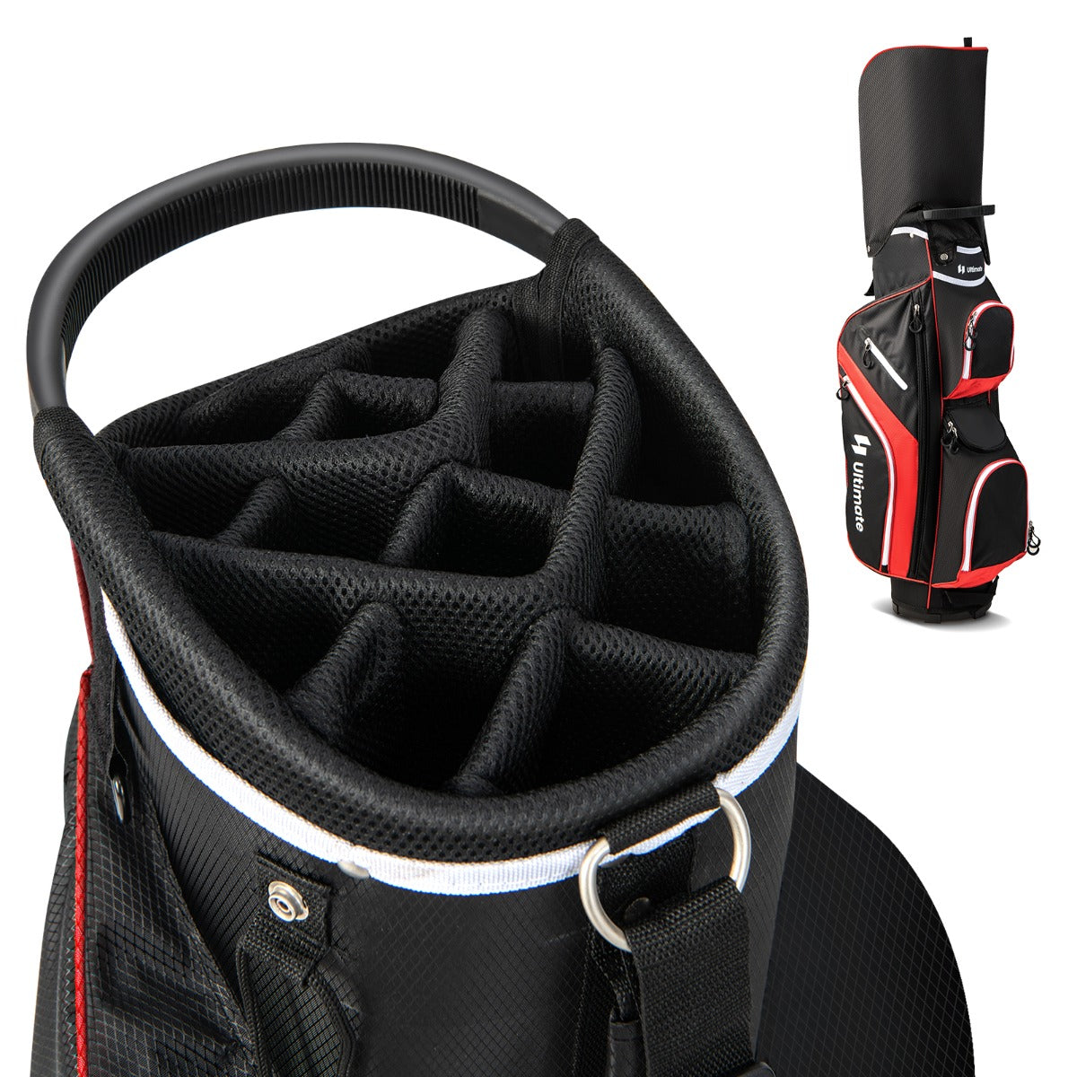LIVSK Golftrolley Tas - 14 Vakken - 9 Ritszakken - Koelvak - Inclusief Regenhoes - Lichtgewicht 2 kg - Rood
