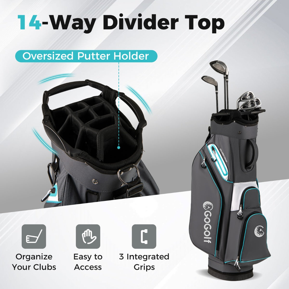 LIVSK Waterafstotende Golfbag - 14 Vakken - Inclusief Koeltas en Ritsregenhoes - Slijtvast Polyester - Grijs