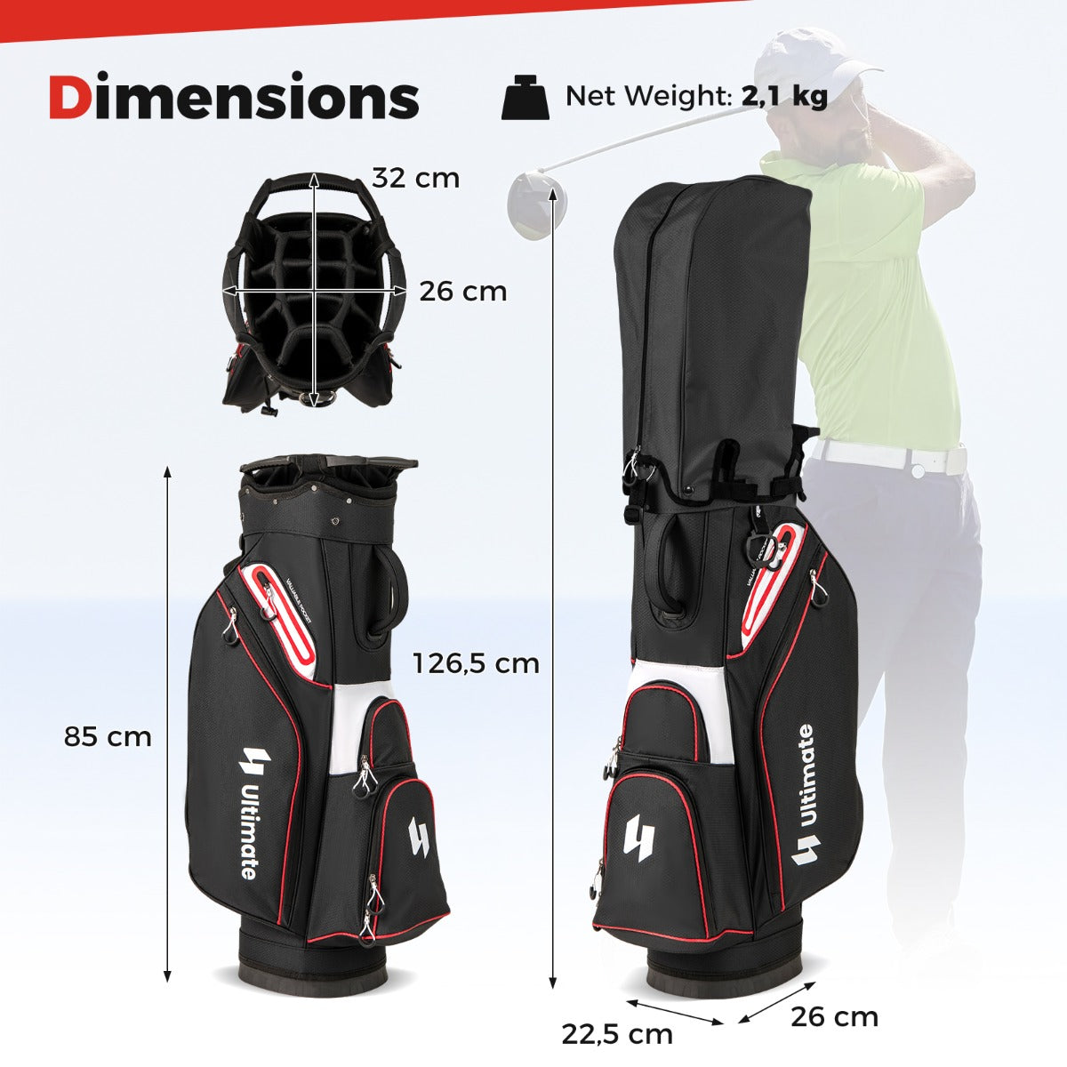 LIVSK Lichtgewicht Golfbag - 14 Vakken - Inclusief Koelvak en Ritsregenhoes - Duurzaam en Weersbestendig - Zwart