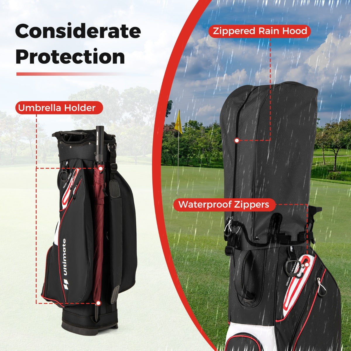 LIVSK Lichtgewicht Golfbag - 14 Vakken - Inclusief Koelvak en Ritsregenhoes - Duurzaam en Weersbestendig - Zwart
