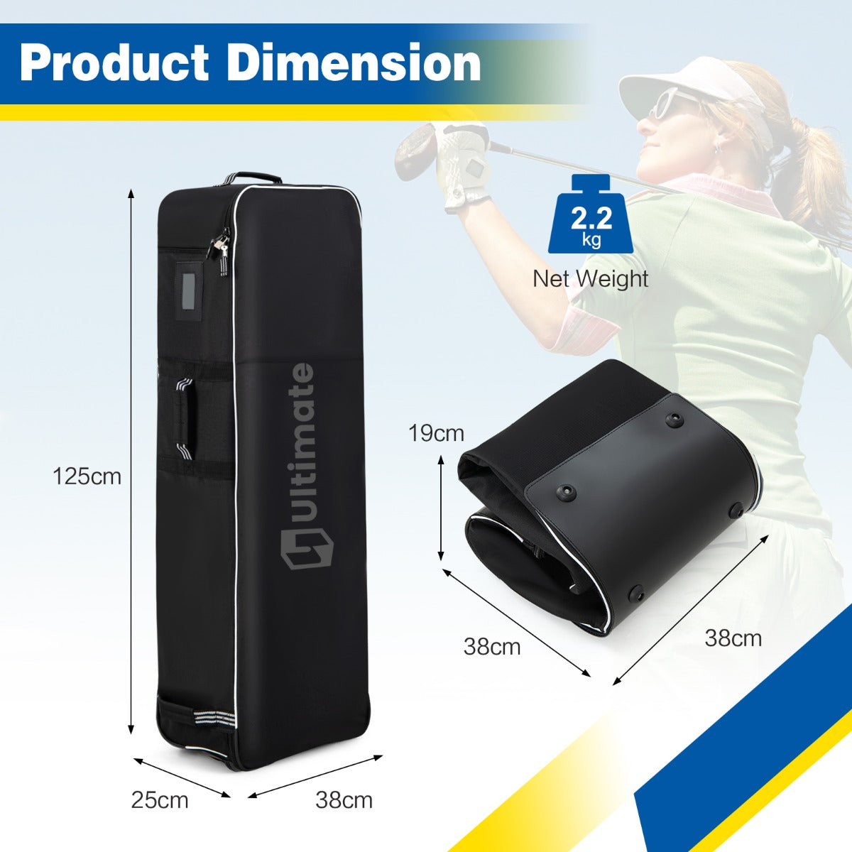 LIVSK Opvouwbare Golftas - Duurzaam Oxford-weefsel - 2 Wielen - 3 Handgrepen - 38 x 25 x 125 cm - Zwart