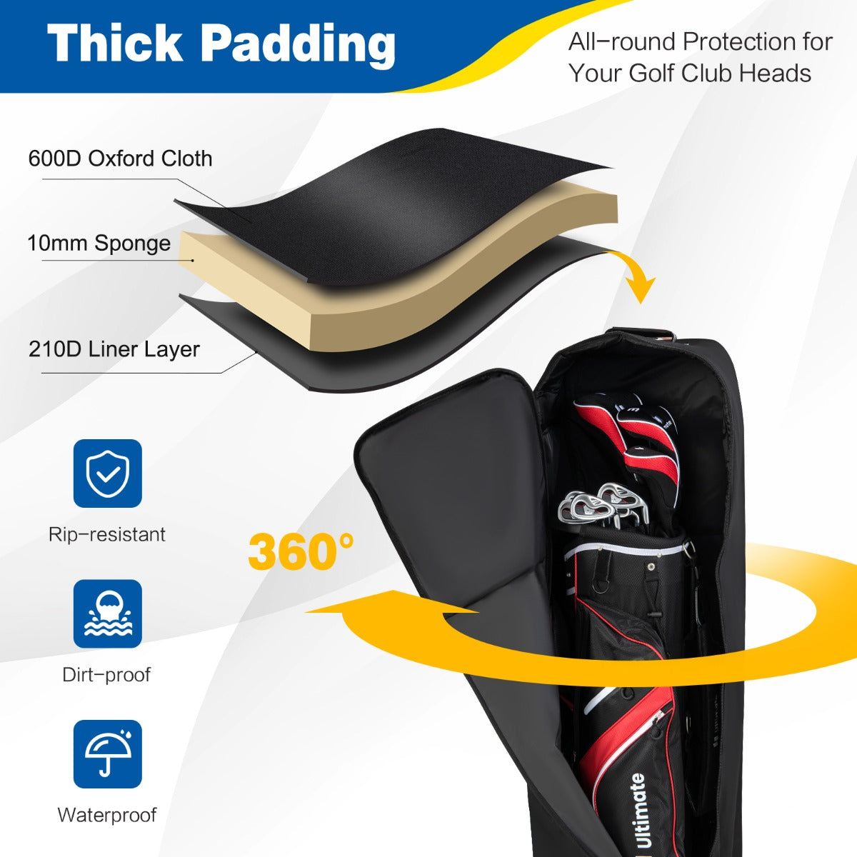 LIVSK Opvouwbare Golftas - Duurzaam Oxford-weefsel - 2 Wielen - 3 Handgrepen - 38 x 25 x 125 cm - Zwart