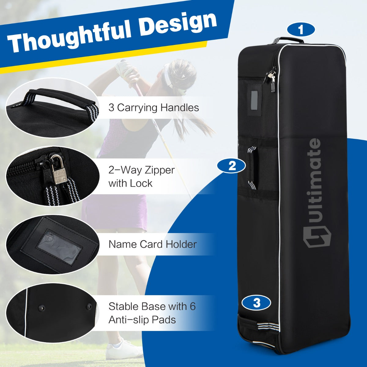 LIVSK Opvouwbare Golftas - Duurzaam Oxford-weefsel - 2 Wielen - 3 Handgrepen - 38 x 25 x 125 cm - Zwart