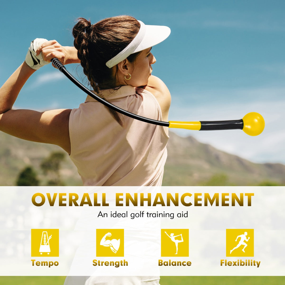 Livsk costway golfswingtrainer hulp 80 cm golftrainingshulp met verzwaarde kop voor grip geel 3