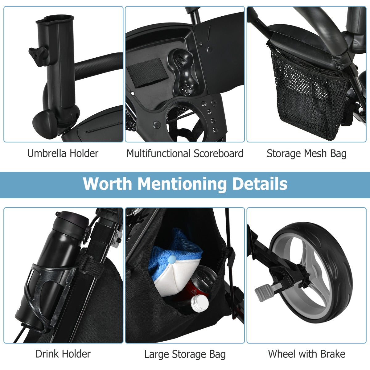 LIVSK Golfkar - Inklapbaar met Verstelbare Handgrepen - Opbergtas en Parapluhouder - Max 100 kg - 129,5 x 75 x 101,5-119,5 cm -