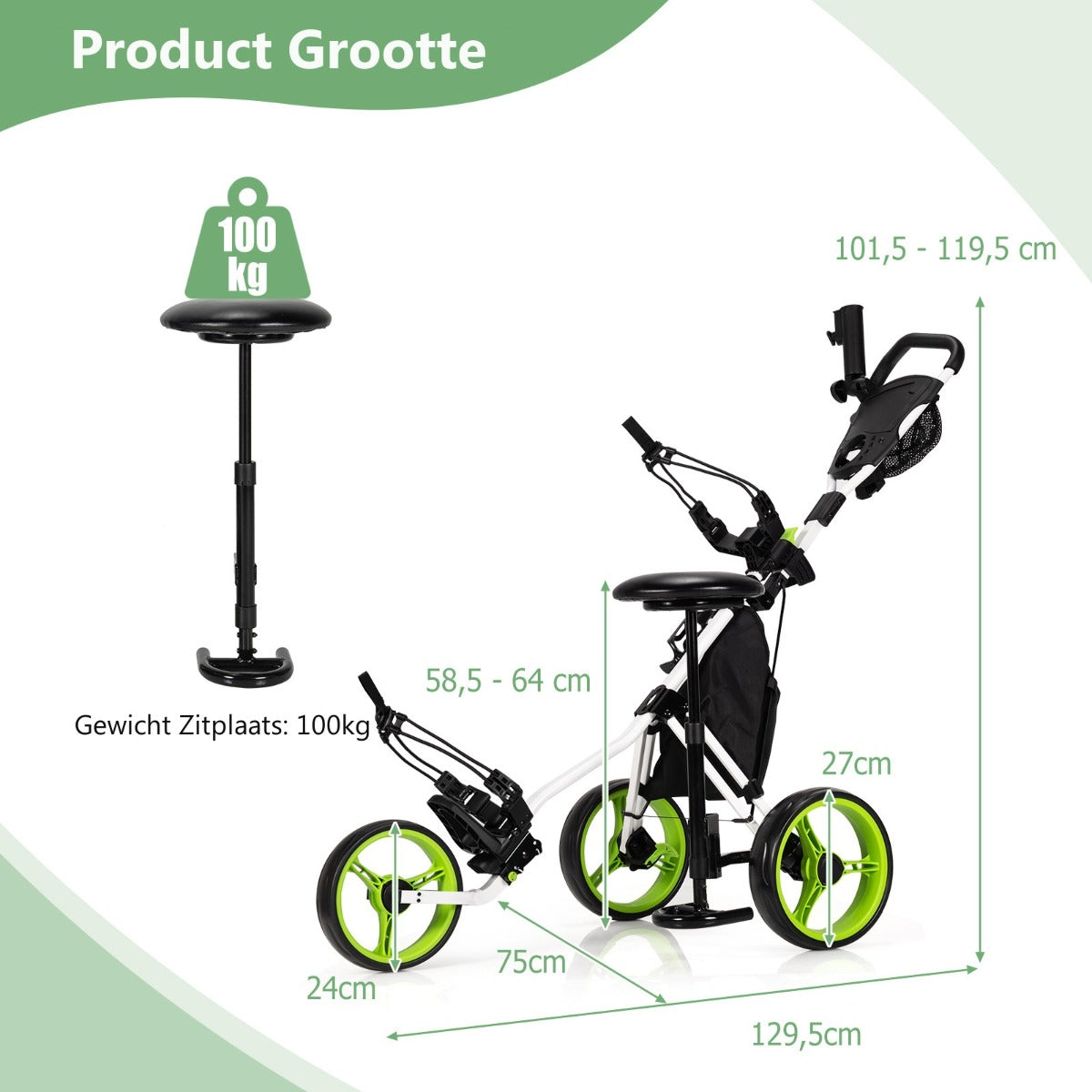 LIVSK Golftrolley Aluminium - Inklapbaar - Verstelbare Handgrepen - Parapluhouder - Opbergtas - Tot 100 kg - Groen/Blauw/Grijs