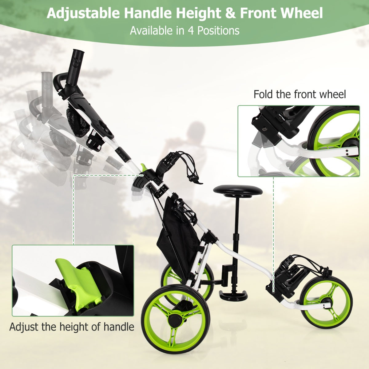 LIVSK Golftrolley Aluminium - Inklapbaar - Verstelbare Handgrepen - Parapluhouder - Opbergtas - Tot 100 kg - Groen/Blauw/Grijs